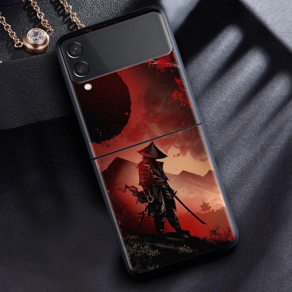 Case For Samsung Galaxy Z Flip 3 4 5G Black Hard PC Phone Housing Z Flip4 Segmented Cover Landscape Ink Painting Japan Samurai