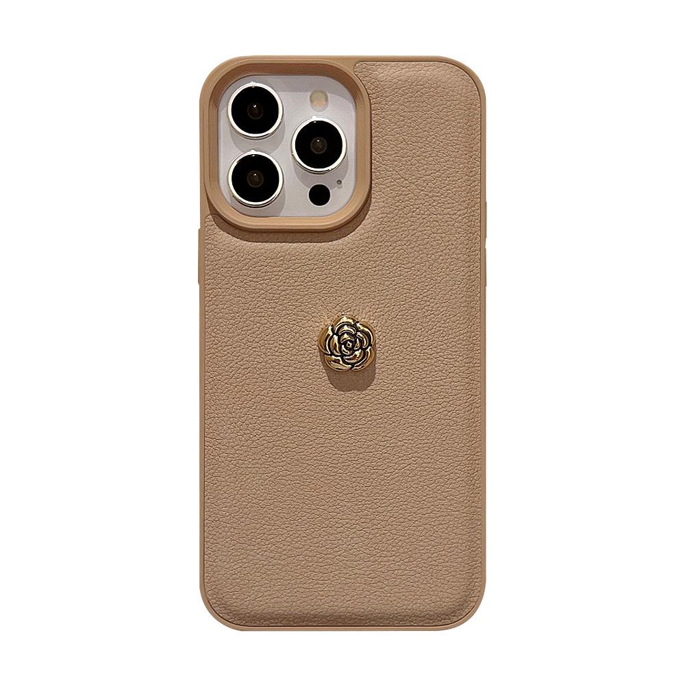 Light Luxury Camellia for Apple 16 Mobile Phone Case for IPhone17promax Solid Color Lychee Pattern 11 Autumn and Winter