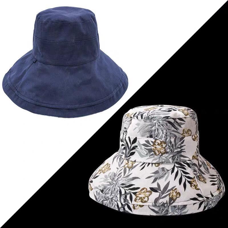 Wide Brim Cotton Summer Hat Women Packable Reversible Floral Bucket Hat UV Sun Protection Wide Brim Summer Beach Cap Double Sided Floppy Sun Hats KTY