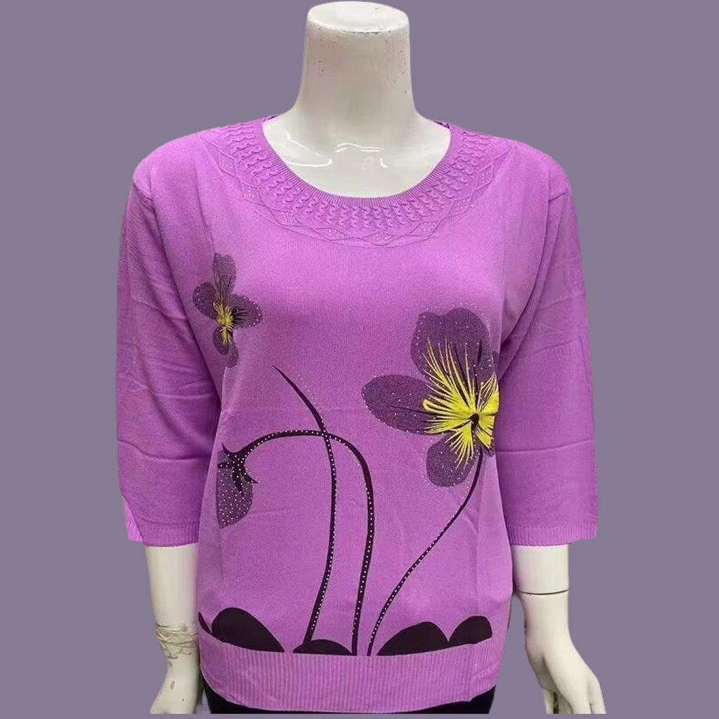 Spring Summer Women's Ice Silk Plus-Size Sweater Thin Round Neck Loose-Fit Printed Pullover Sweater 3/4sleeve Knitwear