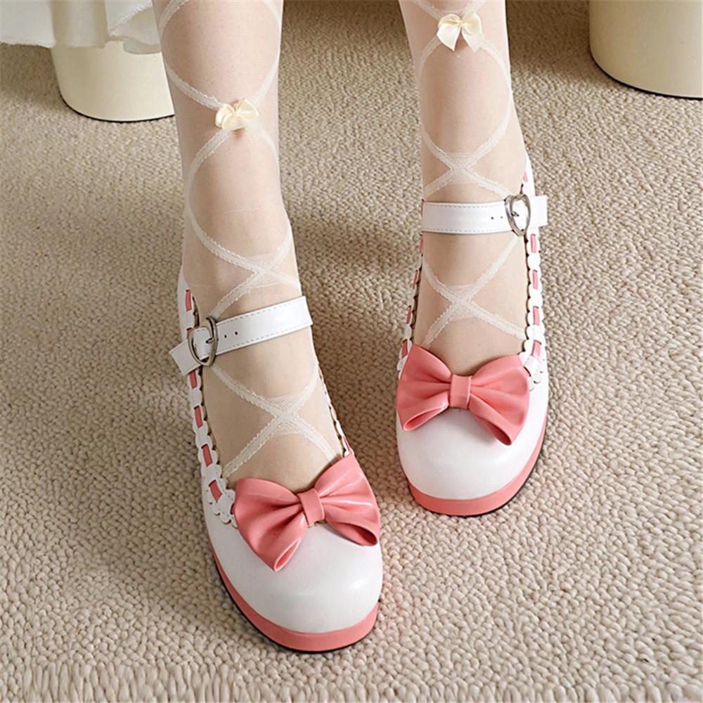 Fashion Girls Sweet Med Heel Ruffles Lolita Shoes Cute Bow Mary Jane Pumps Bride Wedding Cosplay Party Red Pink Black Green Size 34-48