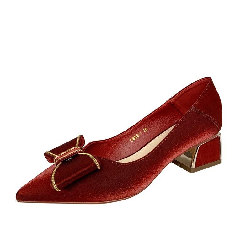 

2025 spring and summer new bow pointed thick heel single shoes Korean version light mouth satin high heels women s commuter high heels 39 бордовий