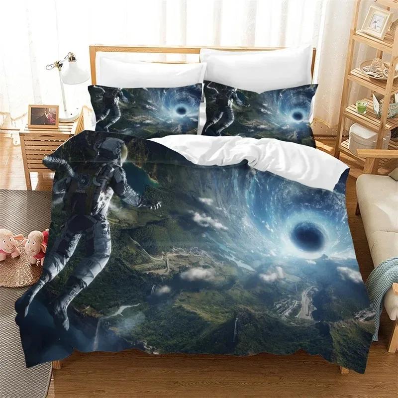 New Cartoon Astronaut Duvet Cover King Galaxy Space Bedding Set Microfiber Rocket Ship Space Adventure Comforter Cover