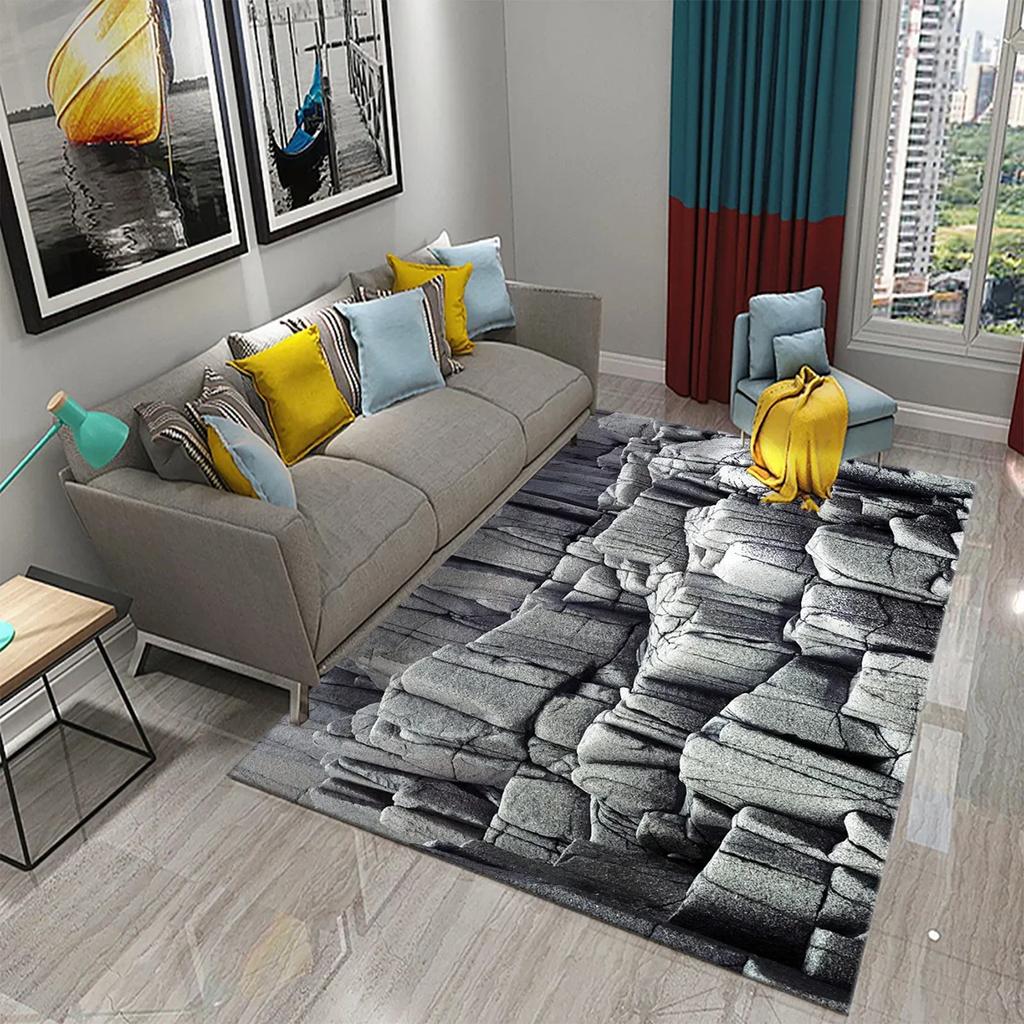 3D Black Stone Carpet Cobblestone Pattern Rug Texture Rectangle Area Rugs Living Room Bedroom Decor Polyester Yoga Floor Mat
