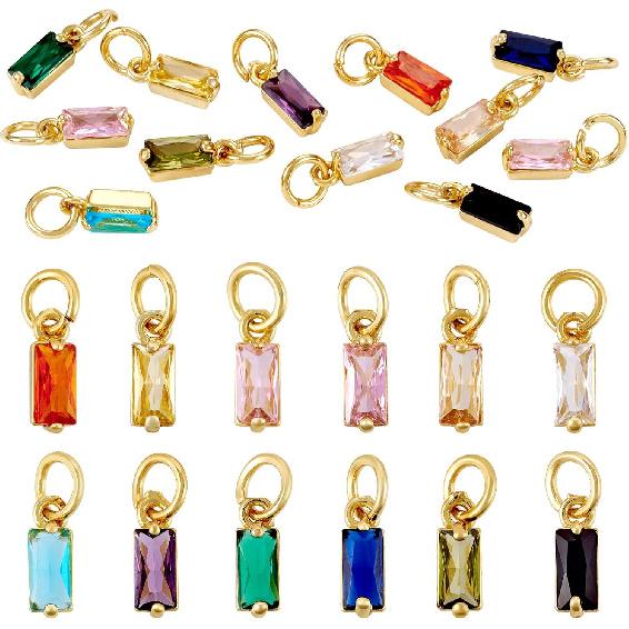 Pandahall 12Pcs 18K Gold Plated Rectangle Charms Cubic Zirconia Birthstone Charms Brass Crystal CZ Stone Pendants with Jump Ring for Jewelry Making