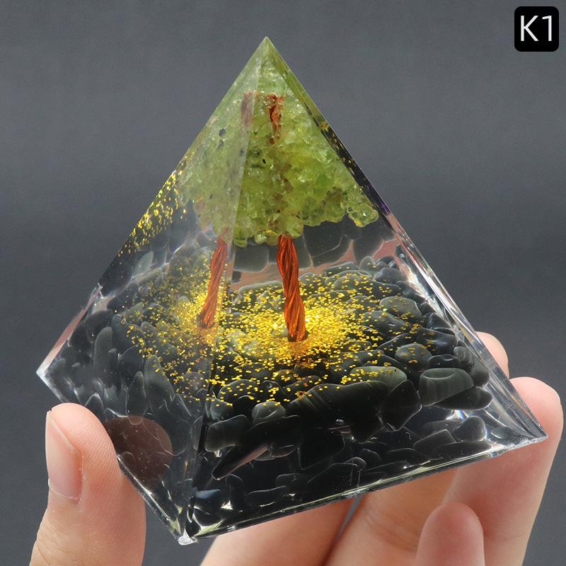 Olive Crystal Tree of Life Pyramid Ornament Epoxy Glue Wrapped Crystal Agate Gravel Home Ornament Standard