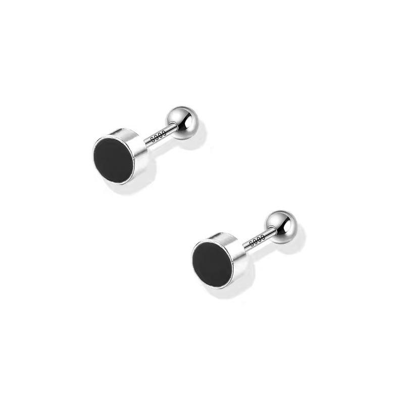 S999 Sterling Silver Black Enamel Round Stud Earrings, Simple Niche Design, Cool Style, Screw Back. Sterling Silver