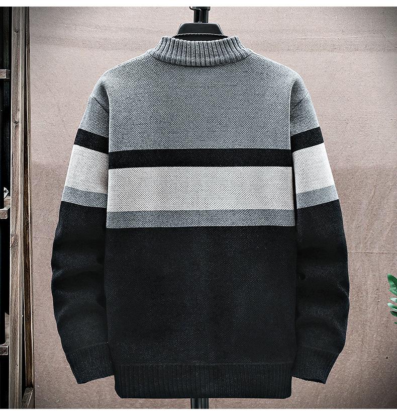 Men's Striped Zippered Cardigan Sweater - Thick Warm Color-Blocked Knitwear for Casual Fall Winter Wear