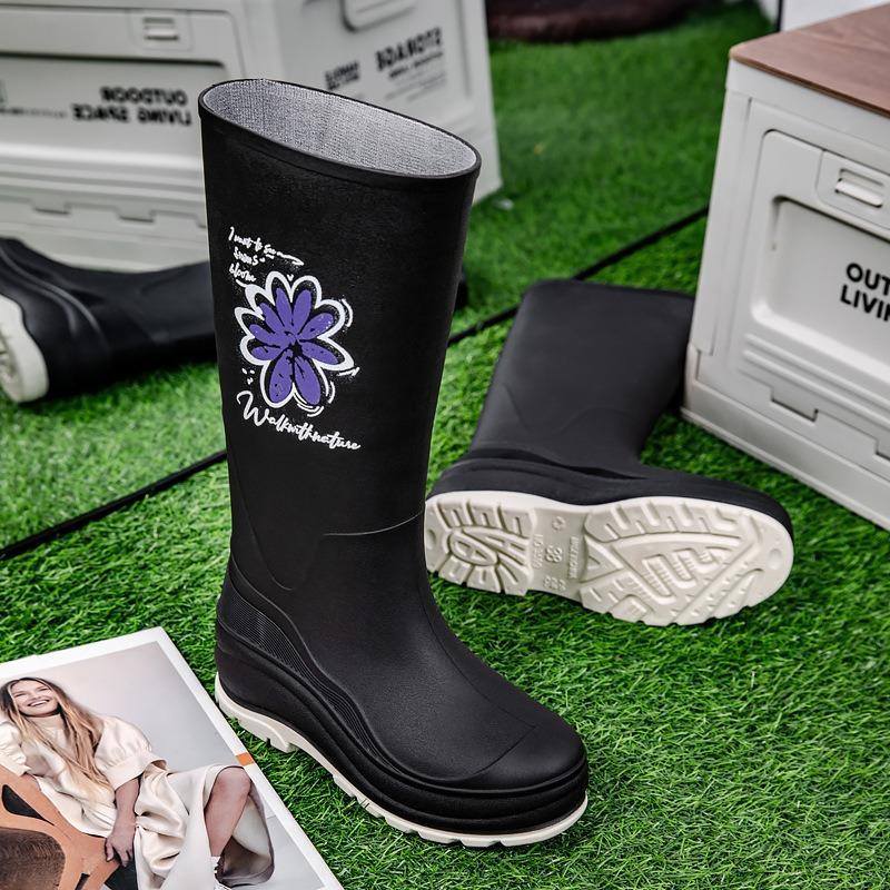 New fashionable women's high tube bundle rain shoes printed winter cotton warm women's water boots outdoor kitchen work shoes