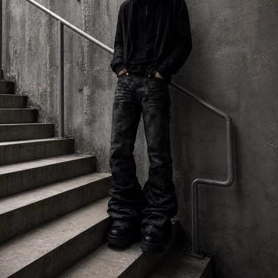 FlowStreet Rozmazané Zmačkané Vrstvené Zvonové Džíny Unisex Praní Řasené Délka do Země Spodní Lem Tmavé Gotické Street Denim Kalhoty