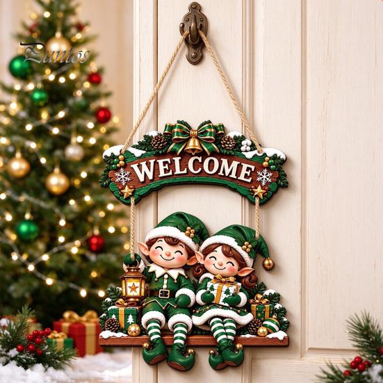 Cute Cartoon Christmas Ornament Wooden Welcome Sign, Front Door Hanging Rustic Holiday Vintage Style Sign Wall Decor with Elk/Santa Claus/Snowman/Elf