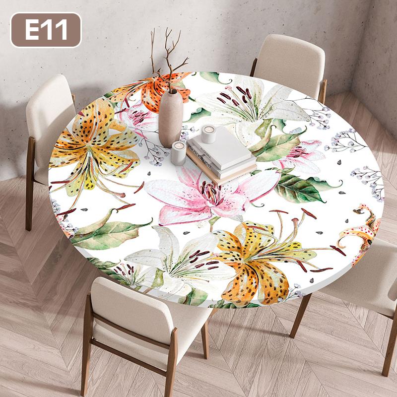 Floral Printed Tablecloth Round Elastic Fitted Edged Dining Table Cloth Waterproof Outdoor Picnic Coffee Tea Table Cover