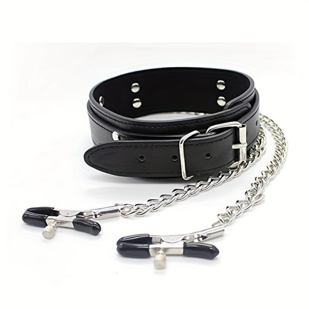 Pu Leather Collar Chain Collar With Nipple Clip BDSM Bondage, adult Sex Toys For Men Women