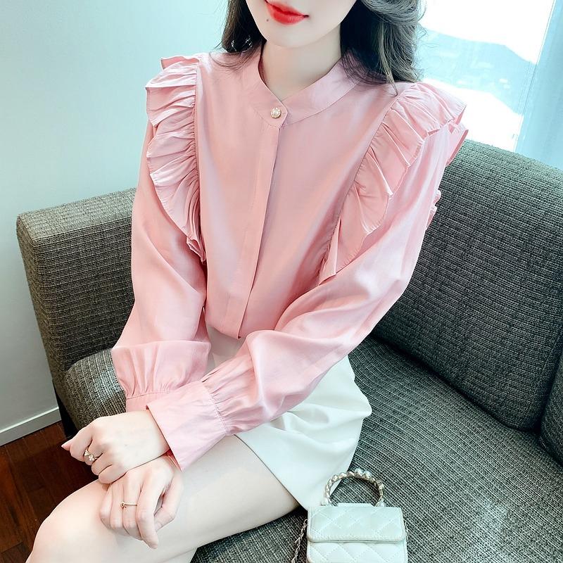 Móda Dámské O Krk Volánové Elegantní Dámské Blůzy Růžový Houbový Lem Dlouhý Rukáv Vintage Ležérní Košile Topy Jednobarevná Slim Fit Košile Dámské Oblečení 3404