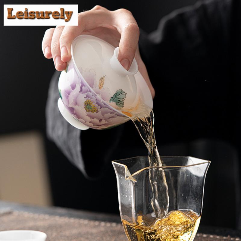 135ml Chinese Hand-painted Peony Gaiwan Elegant White Jade Mud Porcelain Tea Tureen Tea Brewing Cover Bowl Tea Services Gifts