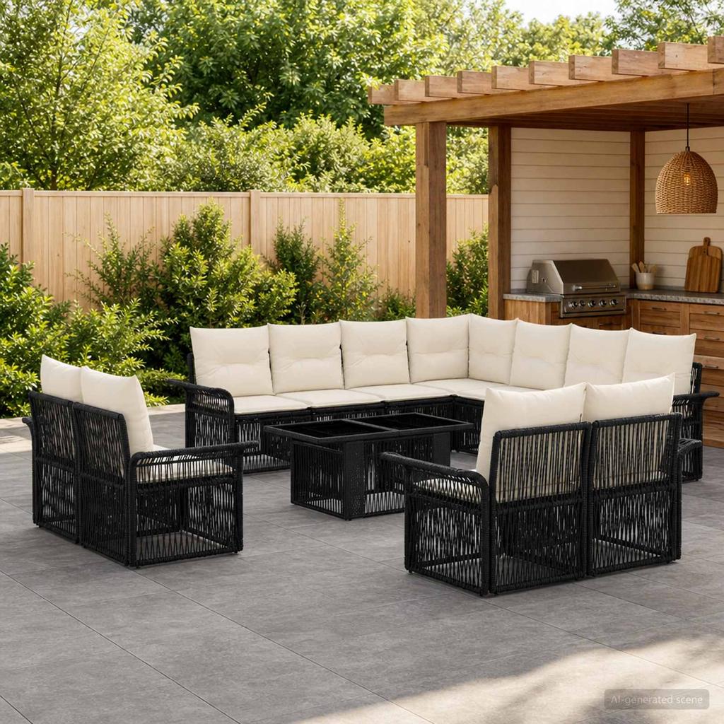 Garden Sofa Set 12 Pieces Black and Cream White Poly Rattan