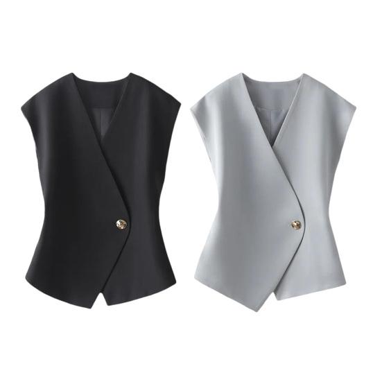 Women Suit Waistcoat V-Neck Sleeveless Single Button Irregular Design Suit Vest Solid