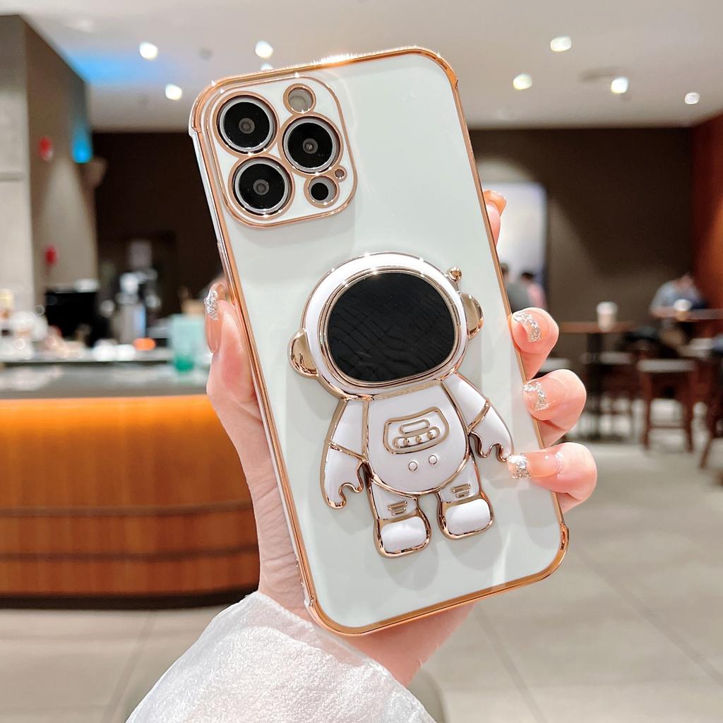 Cute astronaut bracket for iPhone17 mobile phone case 16 Apple 15 electroplating anti-drop 14 solid color 13 soft case