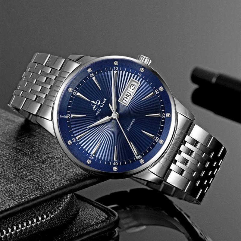 Herren Wasserdichte Koreanischer Stil Edelstahl Dual-Kalender Quarz Uhr