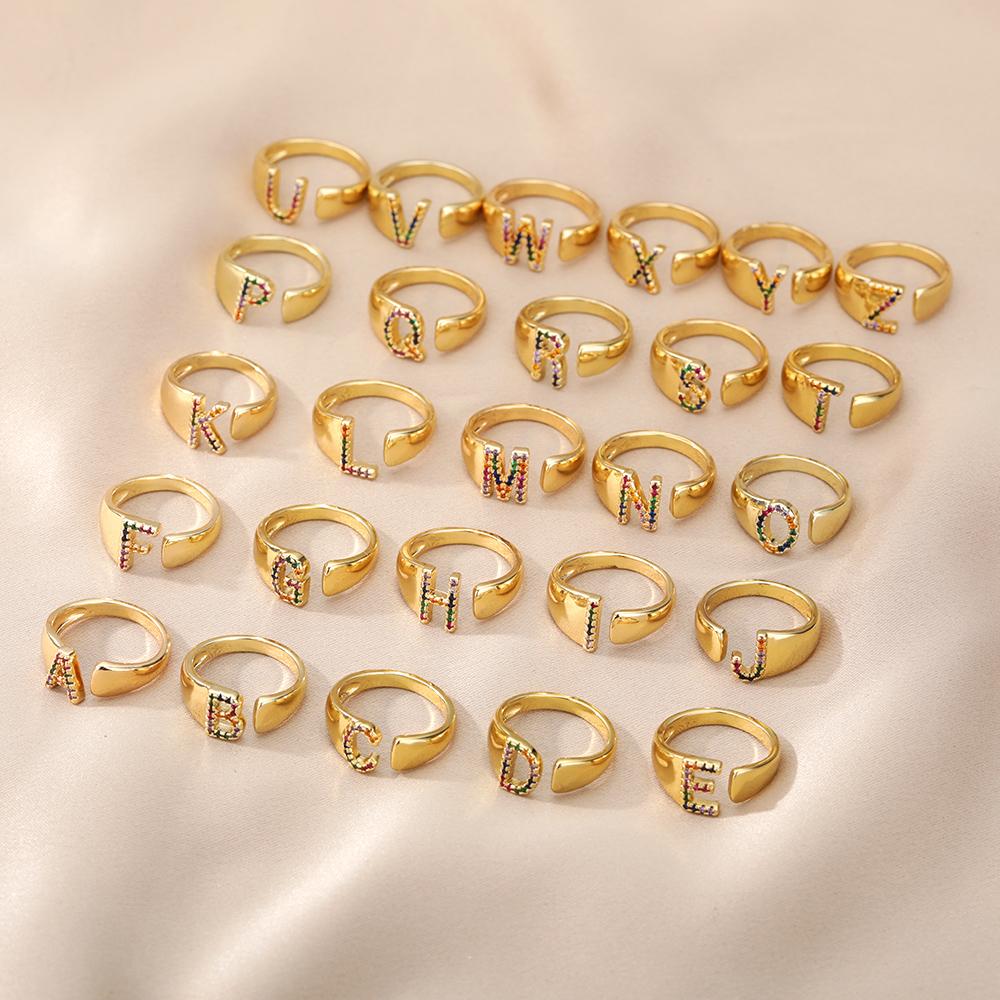 Rainbow Zircon Letter Rings For Women Mote Chunky Bred Letter AZ Rustfritt stål Ring Bryllup Boho Smykker Gave 2024