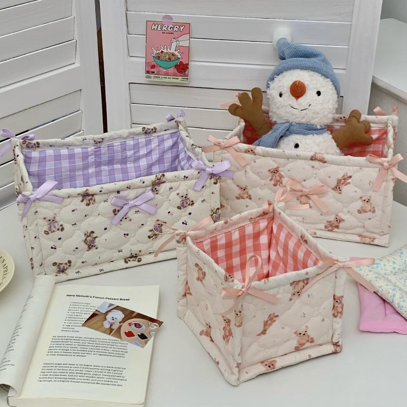 Square Storage Basket Lace Flower Desktop Organizer Storage Basket Korean Quilted Storage Basket Cute Storage Frame Decoration