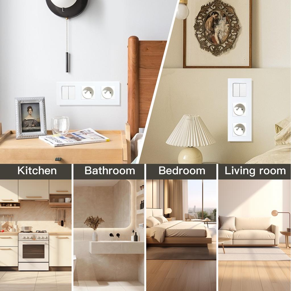 BSEED 1/2/3Gang Mechanical Wall Light Switch 1Way Plus French Socket USB Type-c Ports USB Power Sockets Glass Frame 16A