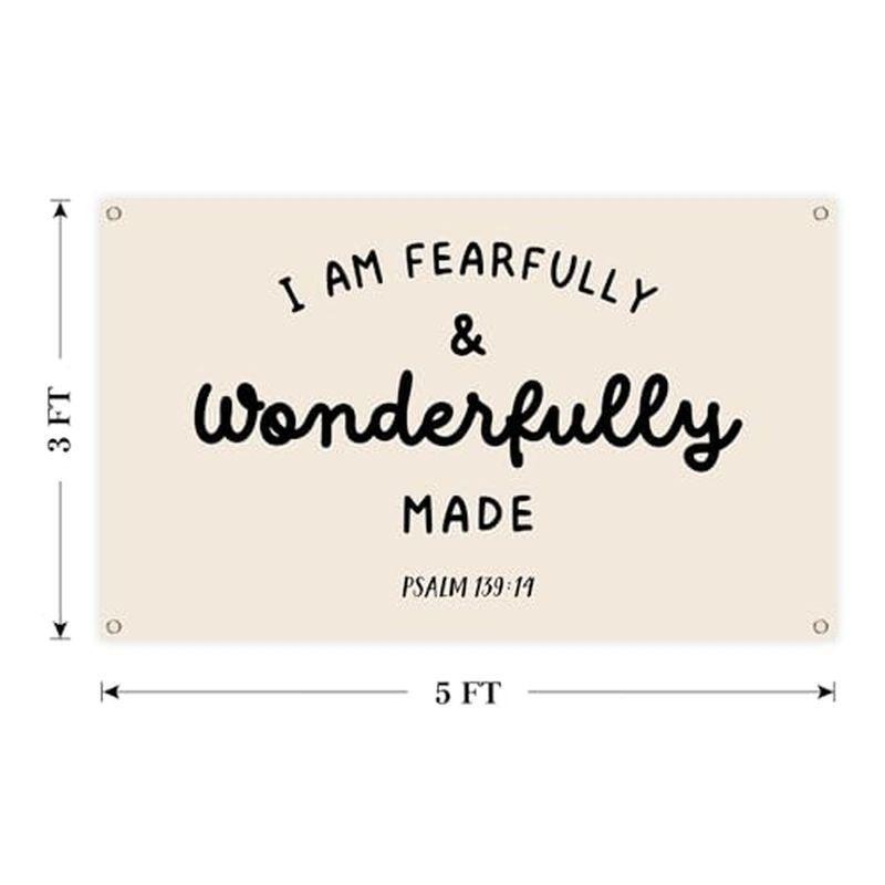 Fearfully Wonderfully Made Psalm Quote Wall Tapestry Beige Black Text Bible Verse Christian Religious Scripture Bedroom