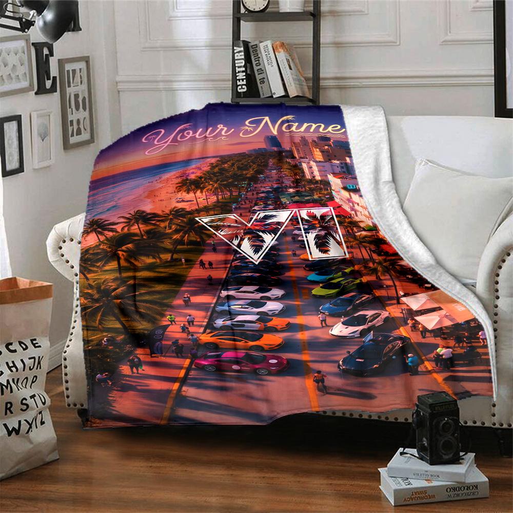 Gta Personalized Text Blanket Multi-purpose Customizable Blanket Warmthful Decor for Office Chair Bedding Livingroom Seaside Ideal for All Seasons