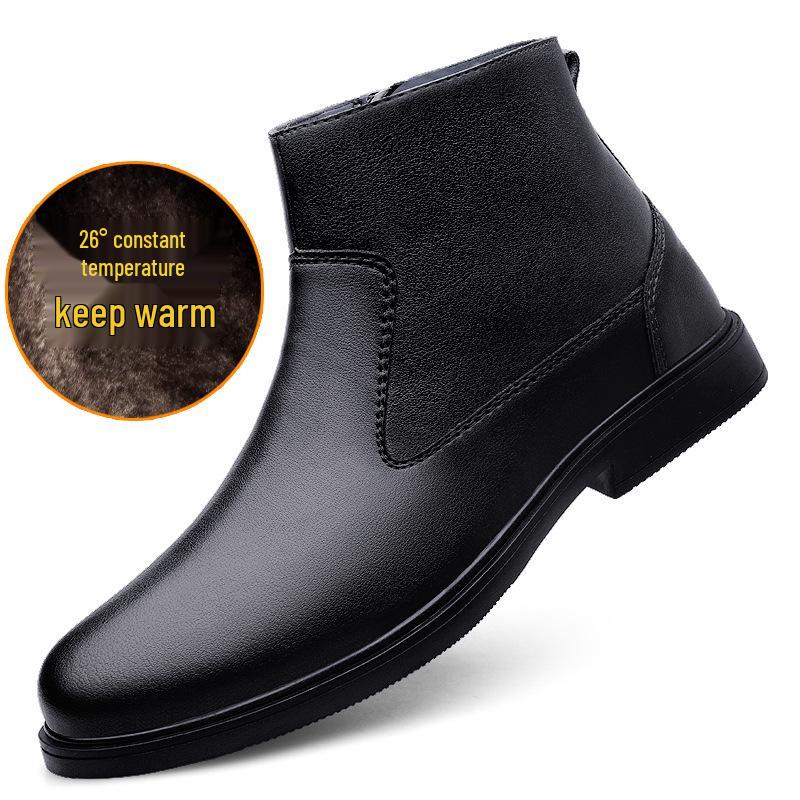 Cross-border Men's High-Top Leather Boots, Autumn/Winter, Slip-on Cowhide with Side Zipper, Large Size, Plus Velvet Warm Cotton.