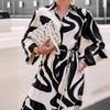 Spring and Autumn Trendy Printed Casual Pocket Long Skirt Lace Shirt Dress