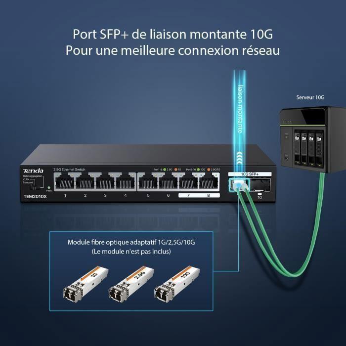 Switch Ethernet 2,5G - Tenda - TEM2010X - 8 Ports RJ45 - 2 Ports SFP+ 10G - VLAN, Agrégation Statique