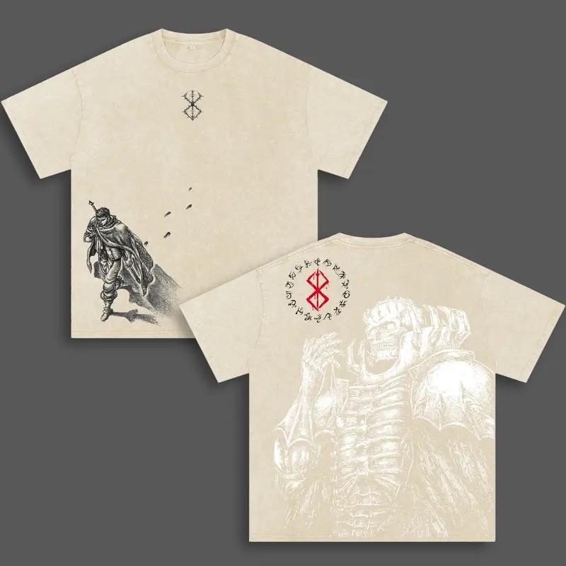 Totenkopf Ritter Print T-Shirt Berserk Anime Kleidung Herren Kurzarm Baumwoll-T-Shirts Vintage Gewaschenes Tee Harajuku Übergroßes T-Shirt