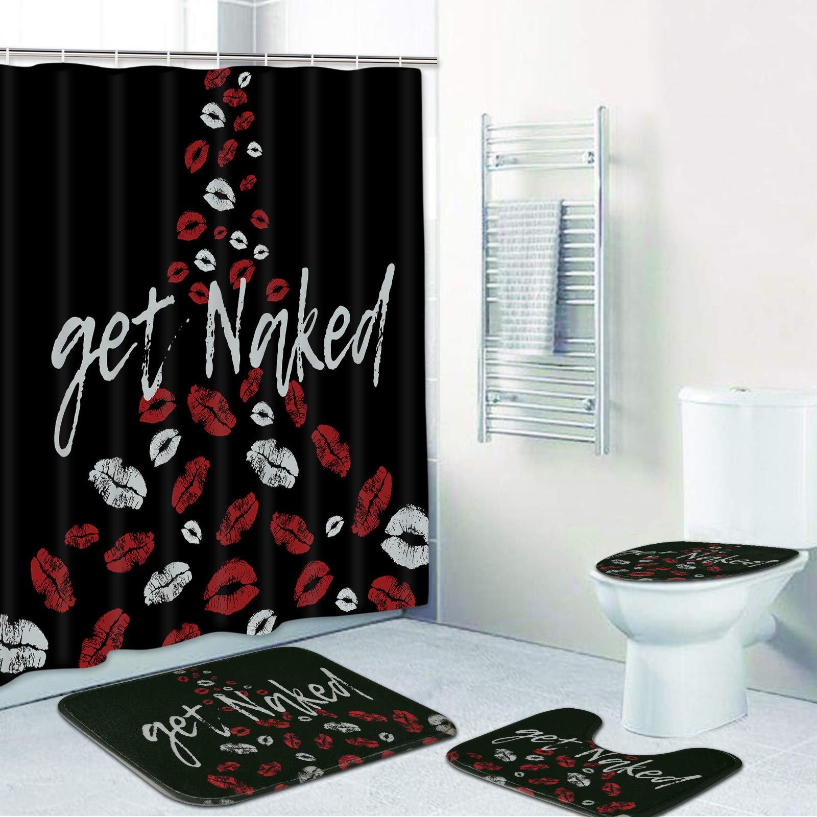 

Get Naked Shower Curtain Sets With Non-Slip Rug Toilet Lid Cover Bath Mat Sexy Lips Bathroom Curtains Set Red Kiss Waterproof W60H190(CM)-1 Pcs