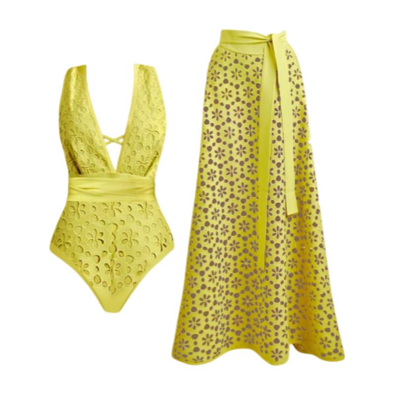 

Купальник из 2 частей с глубоким V-вырезом и длинной юбкой Женский сексуальный купальник Женское бикини Блестящая пуговица Бикини Купальный костюм Принт Боди Пляжная одежда S жёлтый