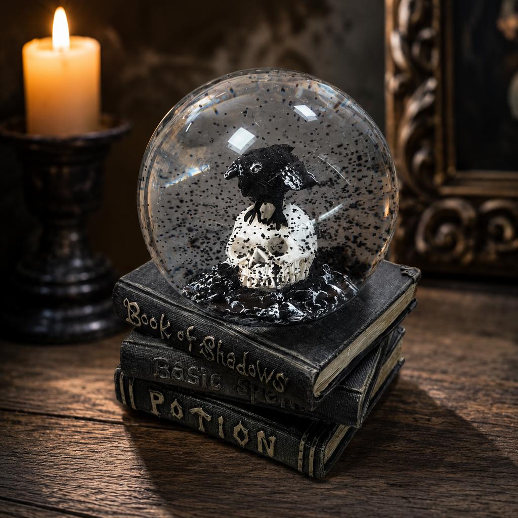 Bola de Cristal Gótica Calavera de Cuervo Libro Bola de Nieve Estatua Decoración de Halloween Brujería Adorno de Escritorio Decoración de Habitación en Casa Regalo