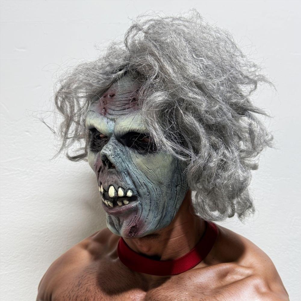 Maschera Zombie Uomo Morto Grigia per Capelli in Gomma con Morso di Sangue Cicatrice di Halloween Denti Cattivi Dettagliati Accessorio Costume di Halloween