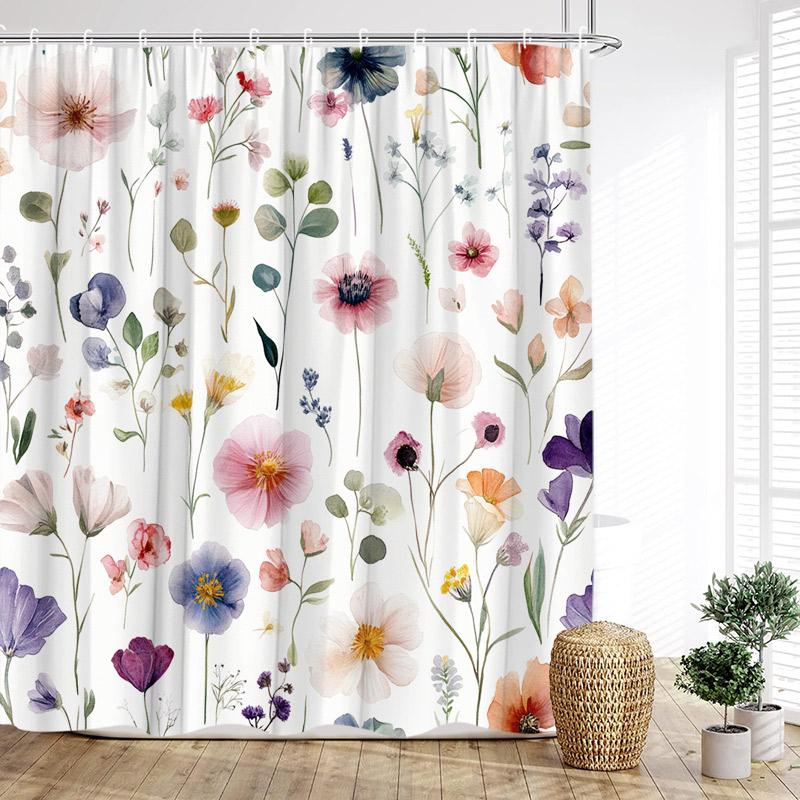 Colorful Floral Shower Curtain Watercolor Flower Leaves Modern Minimalist Bath Curtain Polyester Cloth Bathroom Decor with Hooks