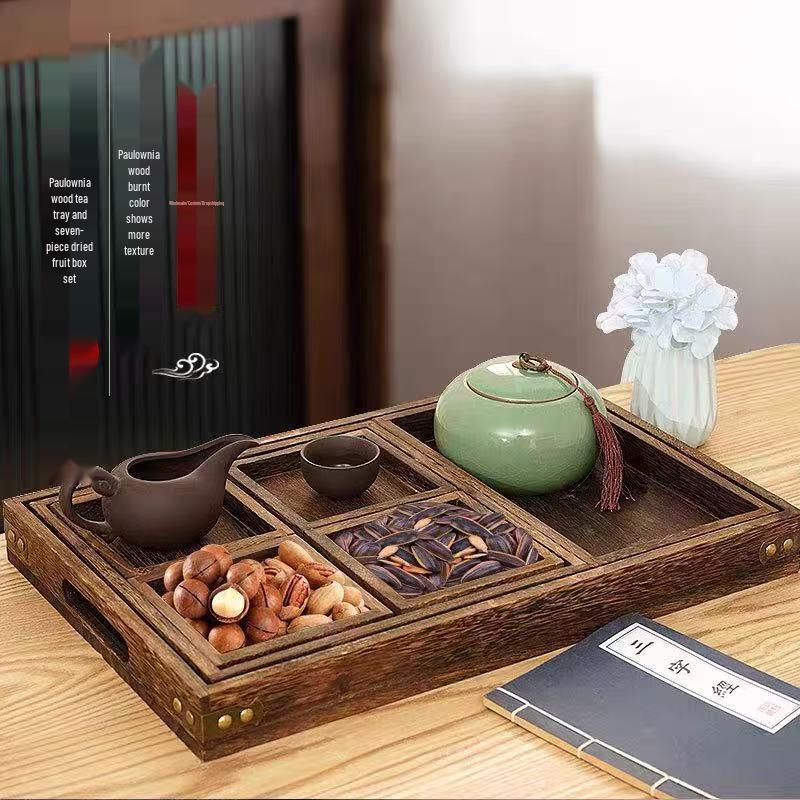 Solid Wood Multi-Compartment Tea Brewing Tray Set - Seven-Piece Noble Child Collection with Dried Fruit Section