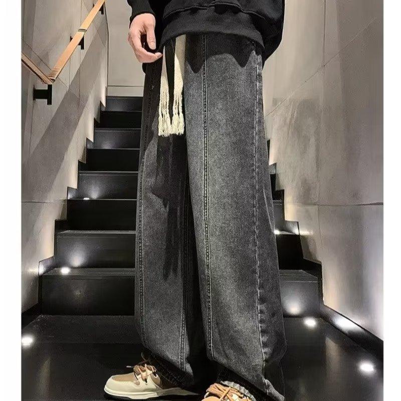 Drawstring straight jeans men's Korean version loose drape versatile trend ins student Harajuku wide-leg trousers