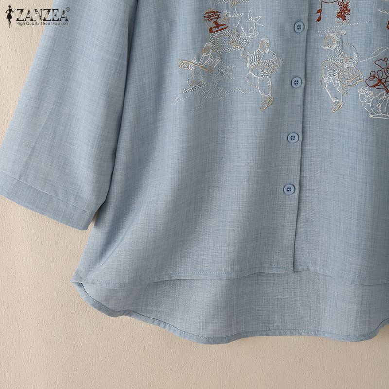 ZANZEA Women Embroidery Print Casual Round Neck Long Sleeve Blouse