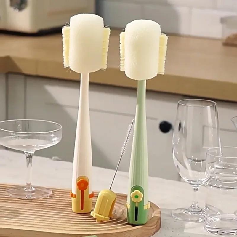 Multi purpose five in one cup cleaning tool with long handle and 360 degree rotation for baby bottle cleaning brush