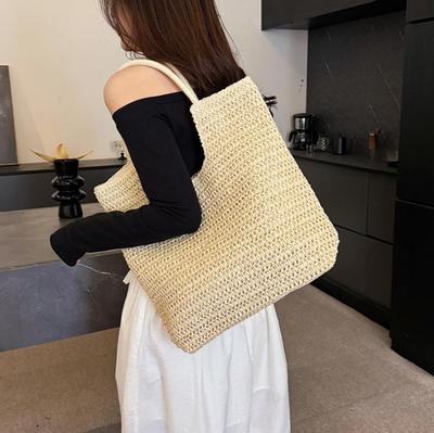 Chic Khaki Straw Woven Tote Bag for Women Large Capacity Handbag Shopping Shoulder Bag with Zip Closure, Travel Holiday Theme