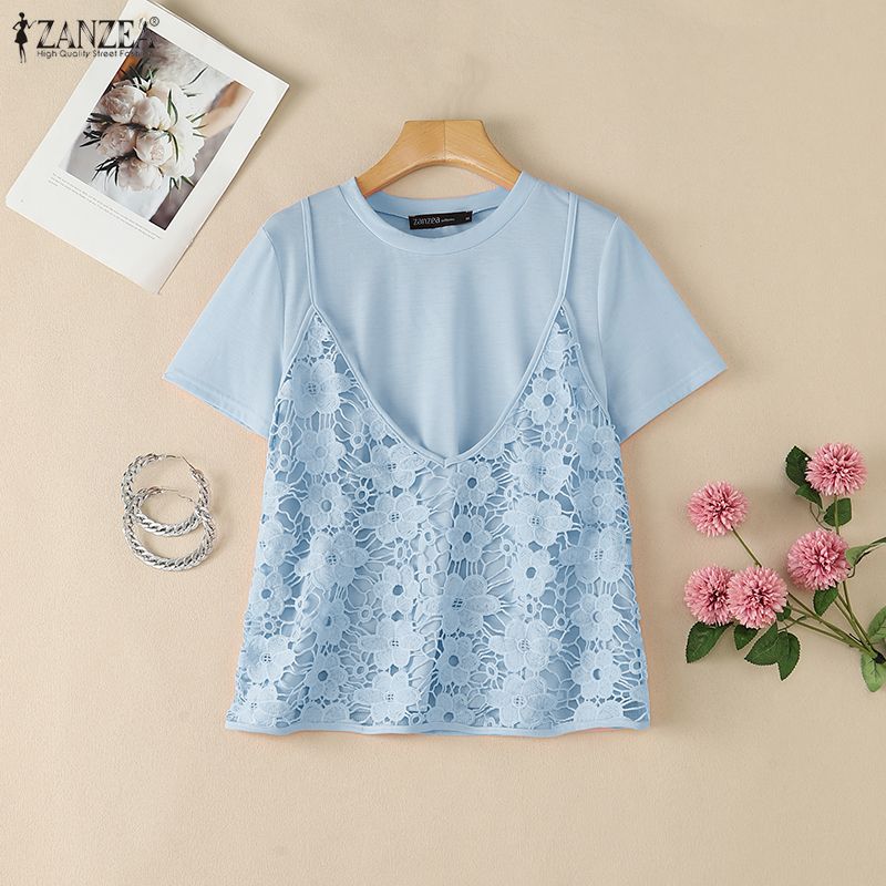 ZANZEA Women Casual Round Neck Lace Patchwork Summer Loose Short Sleeve T-Shirts