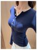 Slightly Mature Henley Collar Buttoned Shoulder Long Sleeve Women's Slim Fit Faux Cashmere Top for Autumn/Winter
