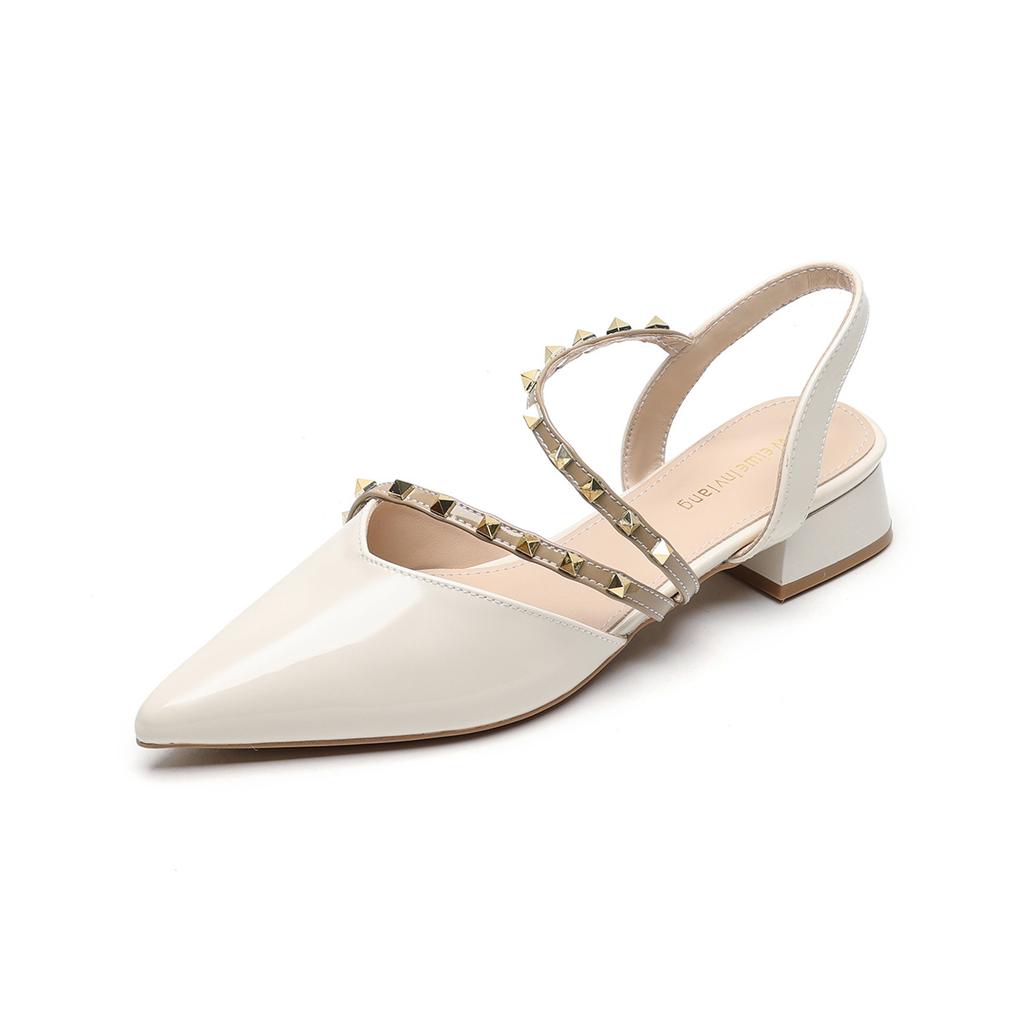 Jednoslovné nýtované sandály s páskem přes nárt dámské letní nude silný podpatek prázdné špičaté jediné boty