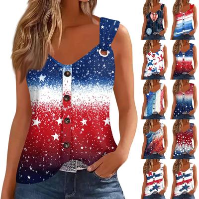 Women's Fashion Casual Loose Sleeveless Buttoned V-Neck Independence Day Printed T-Shirt Top
