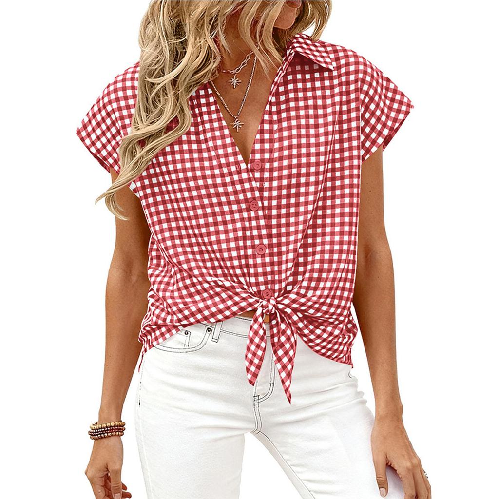 Women's Casual Loose Button Short Sleeve Plaid Shirt Top