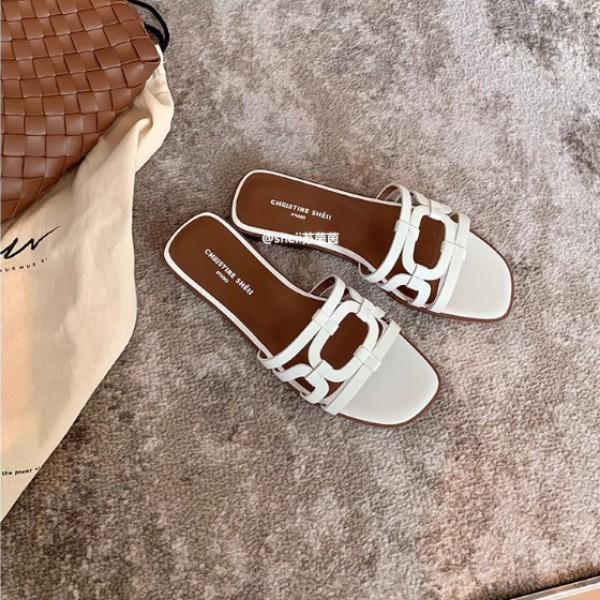 Spot! Su Yinyin's same h-slippers French one-word belt casual beach flat-bottomed slippers women's sandals outside summer