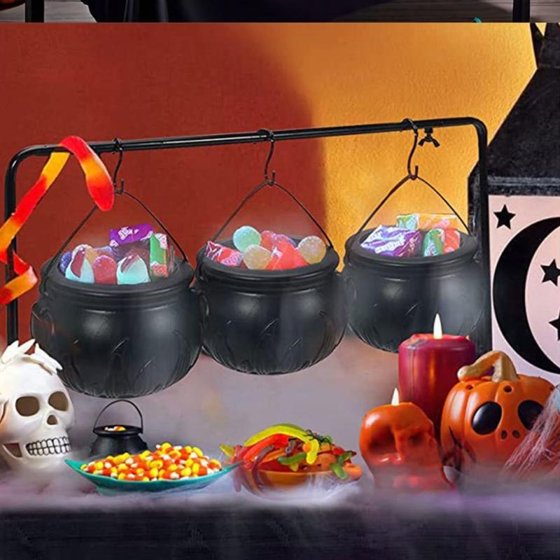 3 Pcs Witches Cauldron Serving Bowls On Rack Halloween Party Decorations Hanging Black Cauldron Bowls for Kitchen