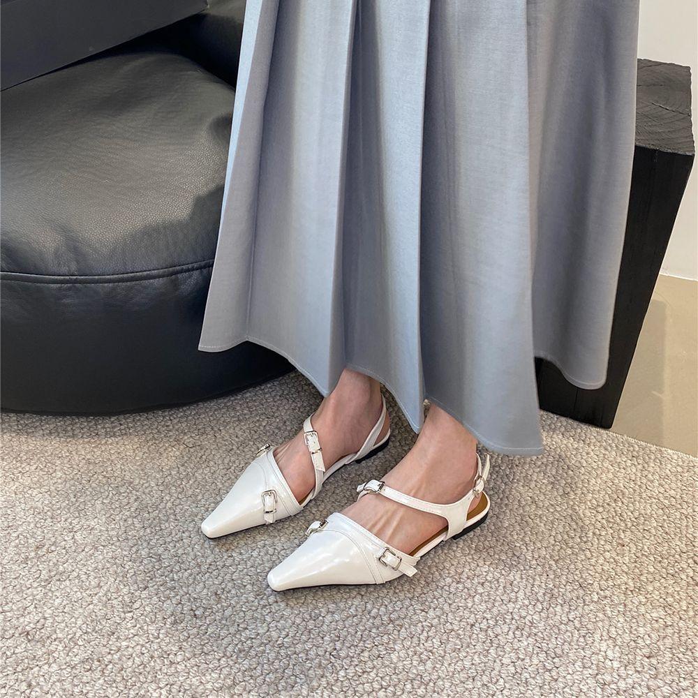fashion Pointed Toe Women Sandals Flat Heeled Belt Buckle Elastic Back Strap Black Brown Red White 2024 New Arrivals Fashion Belt Buckle